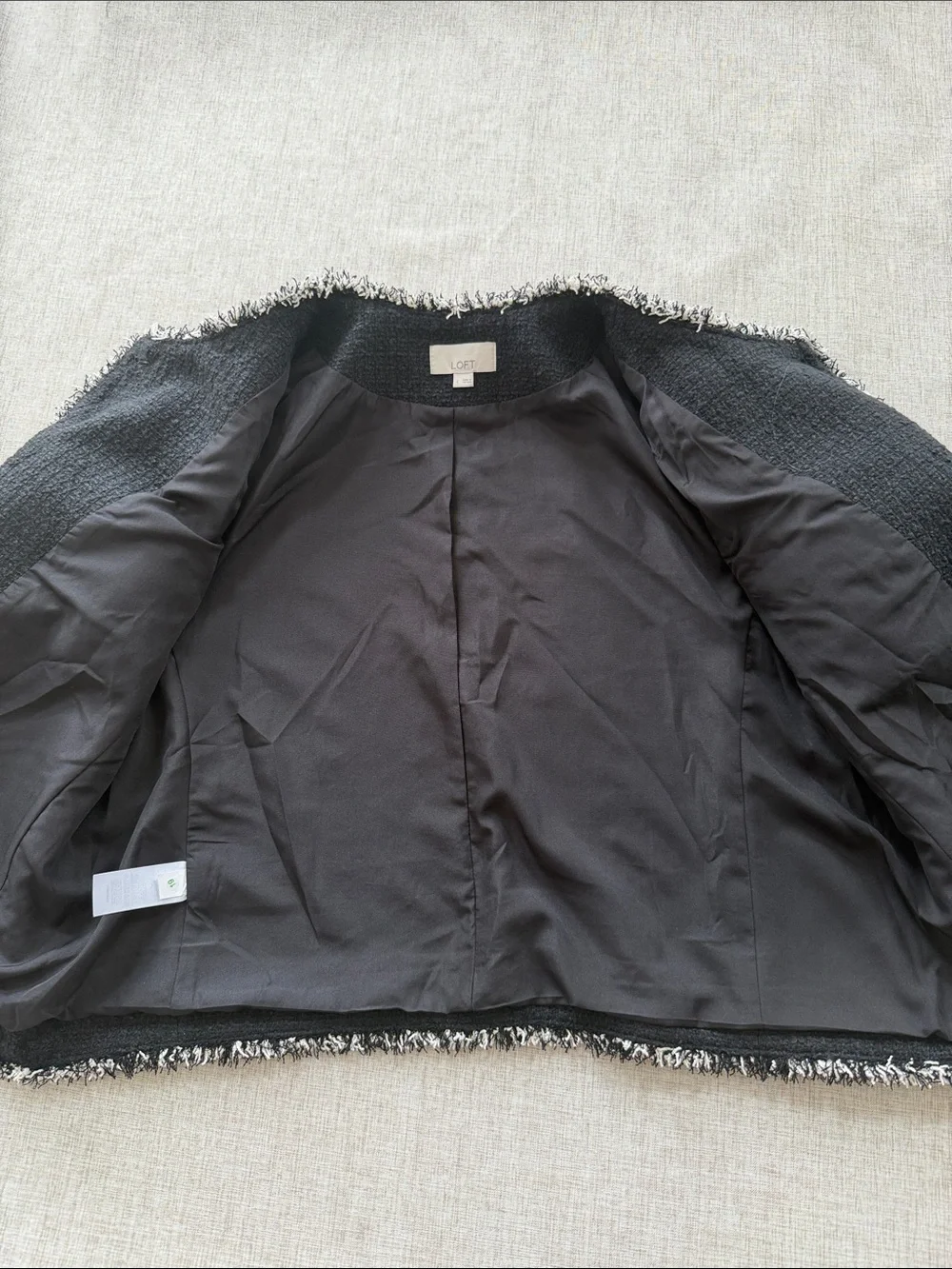 LOFT Tweed Jacket Women’s Large Black Textured Cropped Contrast Fringe Trim